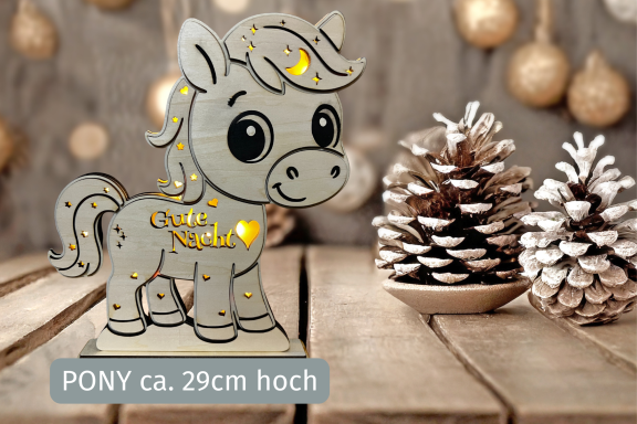 Süßes Nachtlicht aus Holz Motiv Pony